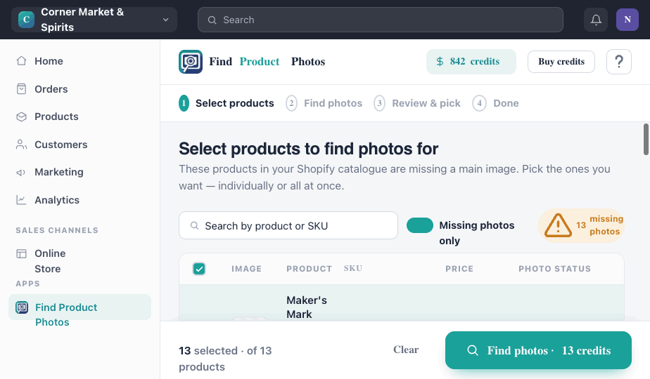 Find Product Photos selecting branded products that are missing images