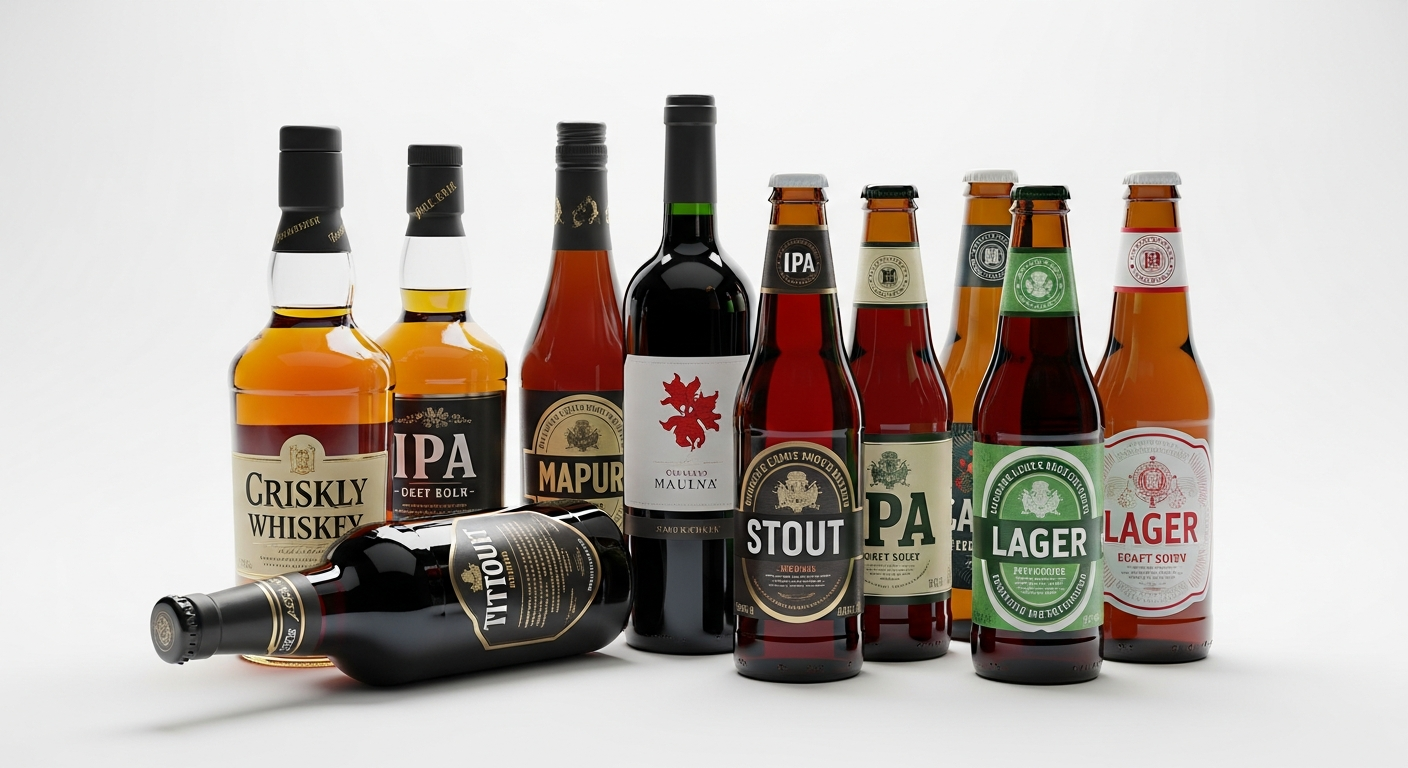 Professional product photos of liquor bottles including wine, whiskey, and beer on a white background for a Shopify store